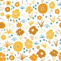 Orange Yellow Teal Autumn florals Scandinavian style seamless vector pattern. Flat stylized flowers and leaves repeating