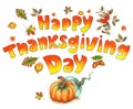 Orange yellow text Thanksgiving day decorated with autumn leaves, pumpkin, rowan berries and acorns. Royalty Free Stock Photo