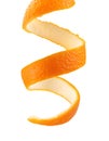 Orange zest curling, falling on transparent surface Royalty Free Stock Photo