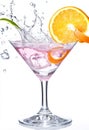 Orange zest falling into a sparkling pink drink, set against a pristine white surface Royalty Free Stock Photo