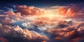 The orangepink sunset surrounds the clouds, melting in their soft cont Royalty Free Stock Photo