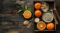 Oranges and assorted seeds on a rustic wooden tray.