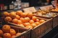 Oranges in a basket on a shelf in a grocery store. Close Up shopping baskets and fresh fruits, AI Generated Royalty Free Stock Photo