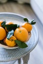 Oranges in bowl placed on metal tray Royalty Free Stock Photo