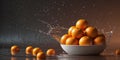 Oranges in a bowl with water splash on dark background Royalty Free Stock Photo