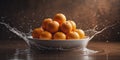 Oranges in a bowl with water splash on dark background. Royalty Free Stock Photo