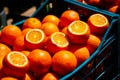 Oranges in the box. Juicy oranges ready for being juice. Healthy drinks. Royalty Free Stock Photo