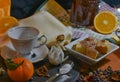 Oranges and chocolate cake for coffee