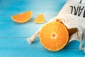 Oranges, close up whole orange fruits and sliced oranges on wood Royalty Free Stock Photo