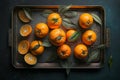 oranges with a cut in half and green leaves on a metallic, antique, vintage tray and a dark blue background. ai generative