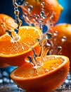 Oranges cut in half with water droplets on surface Close up macro photography of citrus Slices of Orange with splash of waterdrop Royalty Free Stock Photo