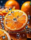 Oranges cut in half with water droplets on surface Close up macro photography of citrus Slices of Orange with splash of waterdrop Royalty Free Stock Photo