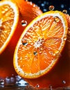 Oranges cut in half with water droplets on surface Close up macro photography of citrus Slices of Orange with splash of waterdrop Royalty Free Stock Photo
