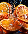 Oranges cut in half with water droplets on surface Close up macro photography of citrus Slices of Orange with splash of waterdrop Royalty Free Stock Photo