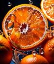 Oranges cut in half with water droplets on surface Close up macro photography of citrus Slices of Orange with splash of waterdrop Royalty Free Stock Photo