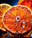 Oranges cut in half with water droplets on surface Close up macro photography of citrus Slices of Orange with splash of waterdrop Royalty Free Stock Photo