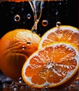 Oranges cut in half with water droplets on surface Close up macro photography of citrus Slices of Orange with splash of waterdrop Royalty Free Stock Photo