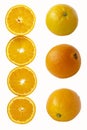 Oranges cut into round slices and whole fruits isolated on white background. Tropical fruit Royalty Free Stock Photo