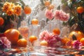 Oranges and flowers immersed in water, ideal for fresh and invigorating concepts.