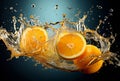 Oranges flying in the air and splashing water