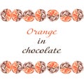 Oranges fruit in chocolate. Frame on a white background. Royalty Free Stock Photo
