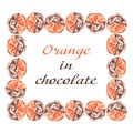 Oranges fruit in chocolate. Frame on a white background. Royalty Free Stock Photo