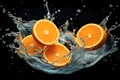 Oranges fruits dropped into water splash on black background Royalty Free Stock Photo