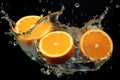 Oranges fruits dropped into water splash on black background Royalty Free Stock Photo