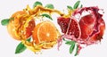 Oranges fruits and Pomegranates into of burst splashes of juices