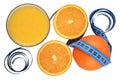 Oranges, glass of orange juice and measuring tape Royalty Free Stock Photo