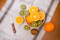 Oranges and kiwi friuts in basket. Top view. Royalty Free Stock Photo