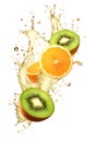 Oranges, kiwis, and water splash on a white surface. Digital image.