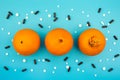 Oranges with a large navel pills and capsules on a blue background. concept of different stages of hemorrhoids