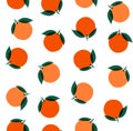 Oranges with leaves in a tossed seamless repeat on white background. Fruity vector pattern