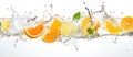 Oranges and lemons dropping into a clear water glass Royalty Free Stock Photo