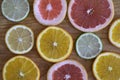 Oranges, lemons and grapefruits. Sliced fruit. Backgrounds and textures