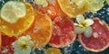 Oranges, lemons, and other fruit floating in water. Suitable for refreshing drink or summer-themed designs Royalty Free Stock Photo