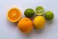 Oranges, limes and lemon isolated on a white background top view Royalty Free Stock Photo
