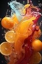 Oranges in Motion: A Vivid Cascade of Citrus and Colorful Splashes. AI generation