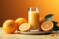 Oranges on orange A glass of juice, fresh oranges on pastel Royalty Free Stock Photo