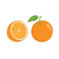 Oranges orange slice, half cut orange and front view of cut ripe orange. Royalty Free Stock Photo