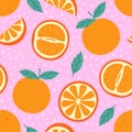 A simple seamless pattern with oranges and their parts on a pink background. Vector graphics. Royalty Free Stock Photo