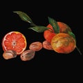 oranges,walnuts and bay leaf, still life on a black background orange pulp and its peel and useful nuts Royalty Free Stock Photo