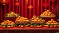 Oranges in wicker baskets on red tablecloth with red lanterns Royalty Free Stock Photo
