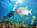 Orangespotted Trevally and Scuba Divers