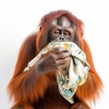 Orangutan blows his nose in a handkerchief, runny nose, sick, close-up on a white
