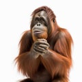 The orangutan claps his hands, folded his hands in front of him, applauds, bravo, satisfied, close-up