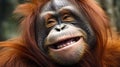 an orangutan grins amusedly into the camera, generative AI