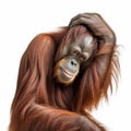 Orangutan monkey thinks, orangutan scratches his head with his hand in thought, close-up, on white Royalty Free Stock Photo
