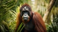 Orangutan (orang-utan) in his natural environment in the rainforest Kalimantan island. Generative Ai